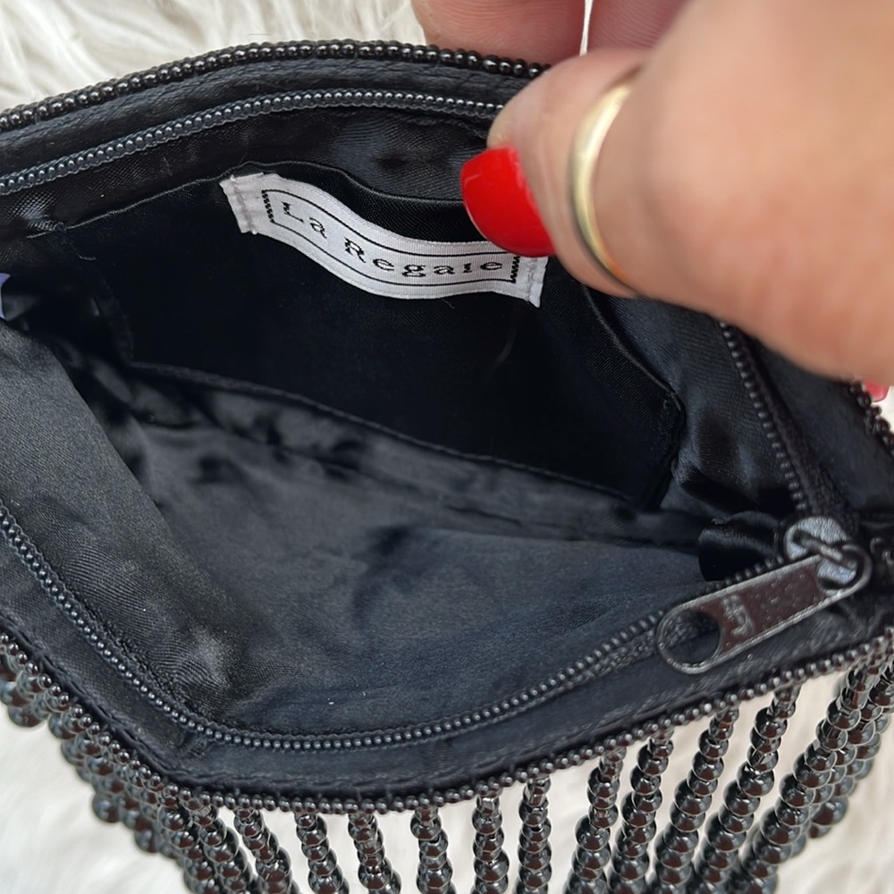 LA REGALE  Vintage Satin Pouch w/ Droplet Beaded Evening Crossbody Purse, Black - Picture 8 of 15